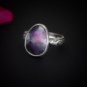Rose Cut Fluorite Ring - Size 4 1/2 to 4 3/4 - Sterling Silver - Purple Fluorite Jewelry - Faceted Fluorite - Thick Floral Ring Band OOAK