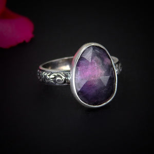 Rose Cut Fluorite Ring - Size 4 1/2 to 4 3/4 - Sterling Silver - Purple Fluorite Jewelry - Faceted Fluorite - Thick Floral Ring Band OOAK