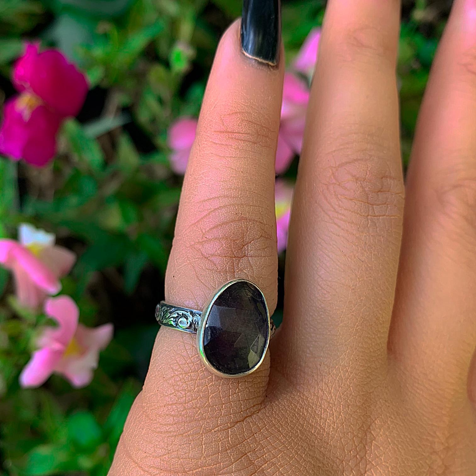 Rose Cut Fluorite Ring - Size 4 1/2 to 4 3/4 - Sterling Silver - Purple Fluorite Jewelry - Faceted Fluorite - Thick Floral Ring Band OOAK
