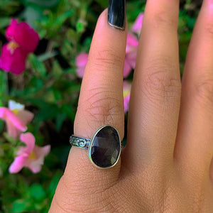 Rose Cut Fluorite Ring - Size 4 1/2 to 4 3/4 - Sterling Silver - Purple Fluorite Jewelry - Faceted Fluorite - Thick Floral Ring Band OOAK