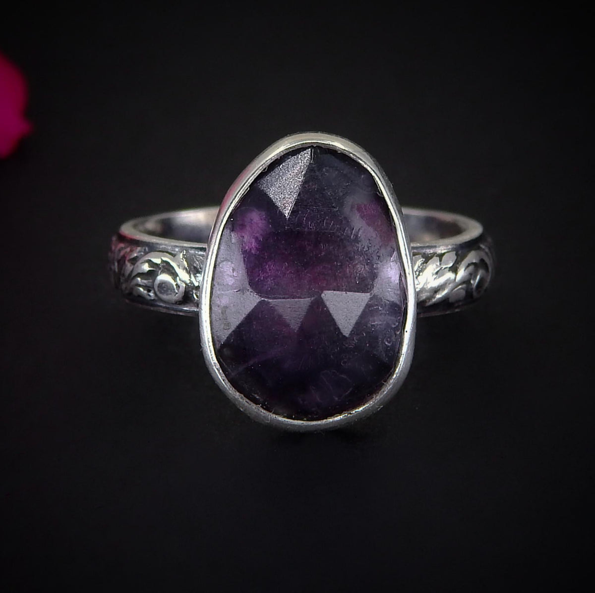 Rose Cut Fluorite Ring - Size 4 1/2 to 4 3/4 - Sterling Silver - Purple Fluorite Jewelry - Faceted Fluorite - Thick Floral Ring Band OOAK