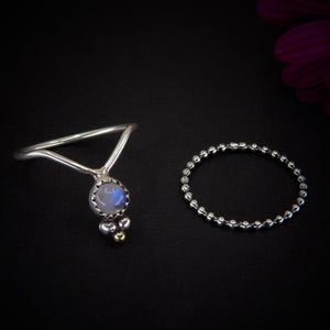 Moonstone Ring Stack - Size 8 1/4 - Sterling Silver - Dainty Moonstone Ring Set - Blue Moonstone - Rainbow Moonstone Jewelry - Wishbone Ring