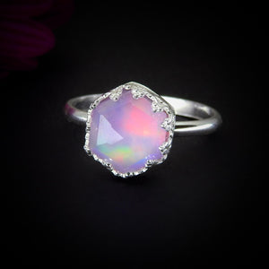 Rose Cut Clear Quartz & Aurora Opal Ring - Size 10 to 10 1/4 - Sterling Silver - Pastel Rainbow Crystal Jewellery - Hexagonal Crystal Ring