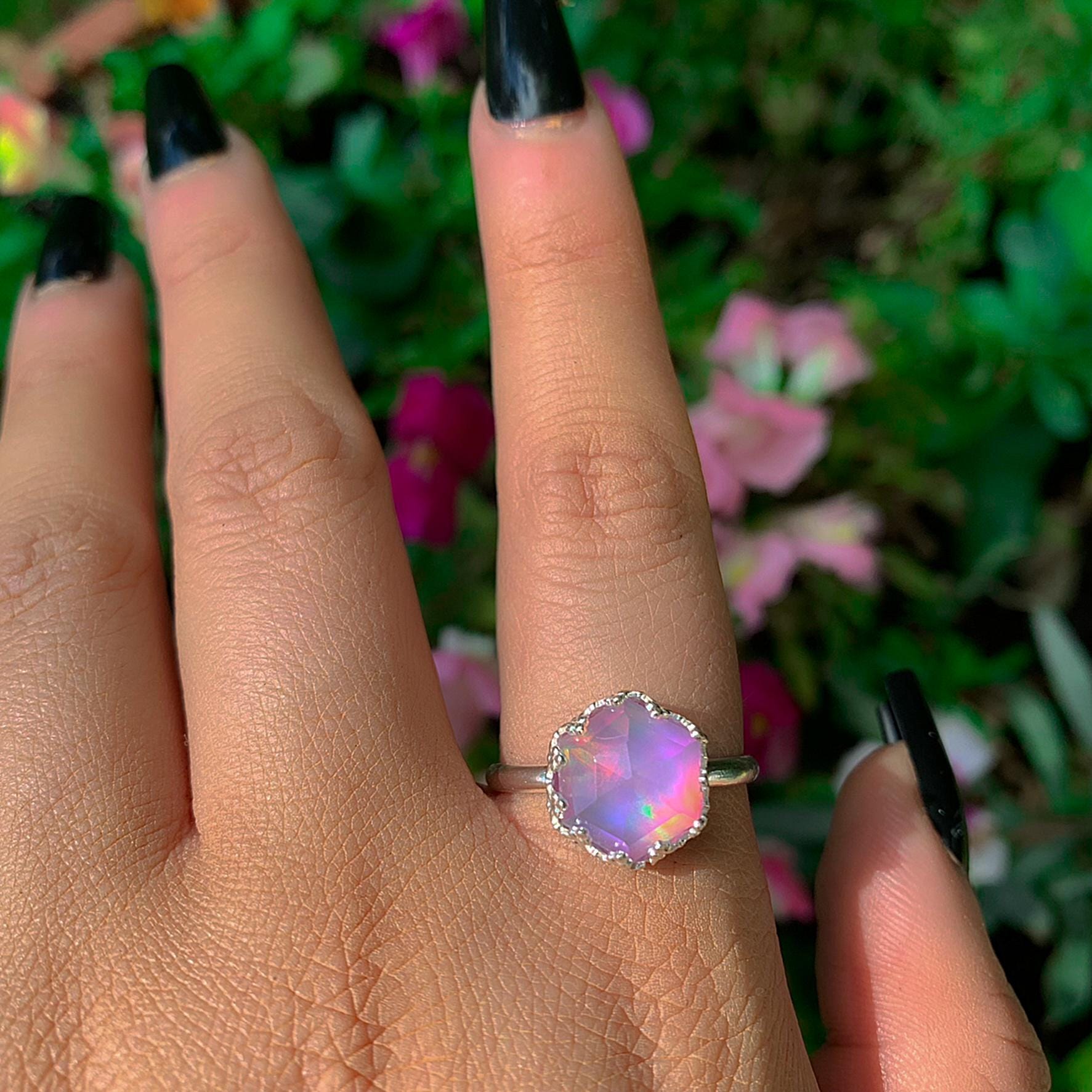 Rose Cut Clear Quartz & Aurora Opal Ring - Size 10 to 10 1/4 - Sterling Silver - Pastel Rainbow Crystal Jewellery - Hexagonal Crystal Ring