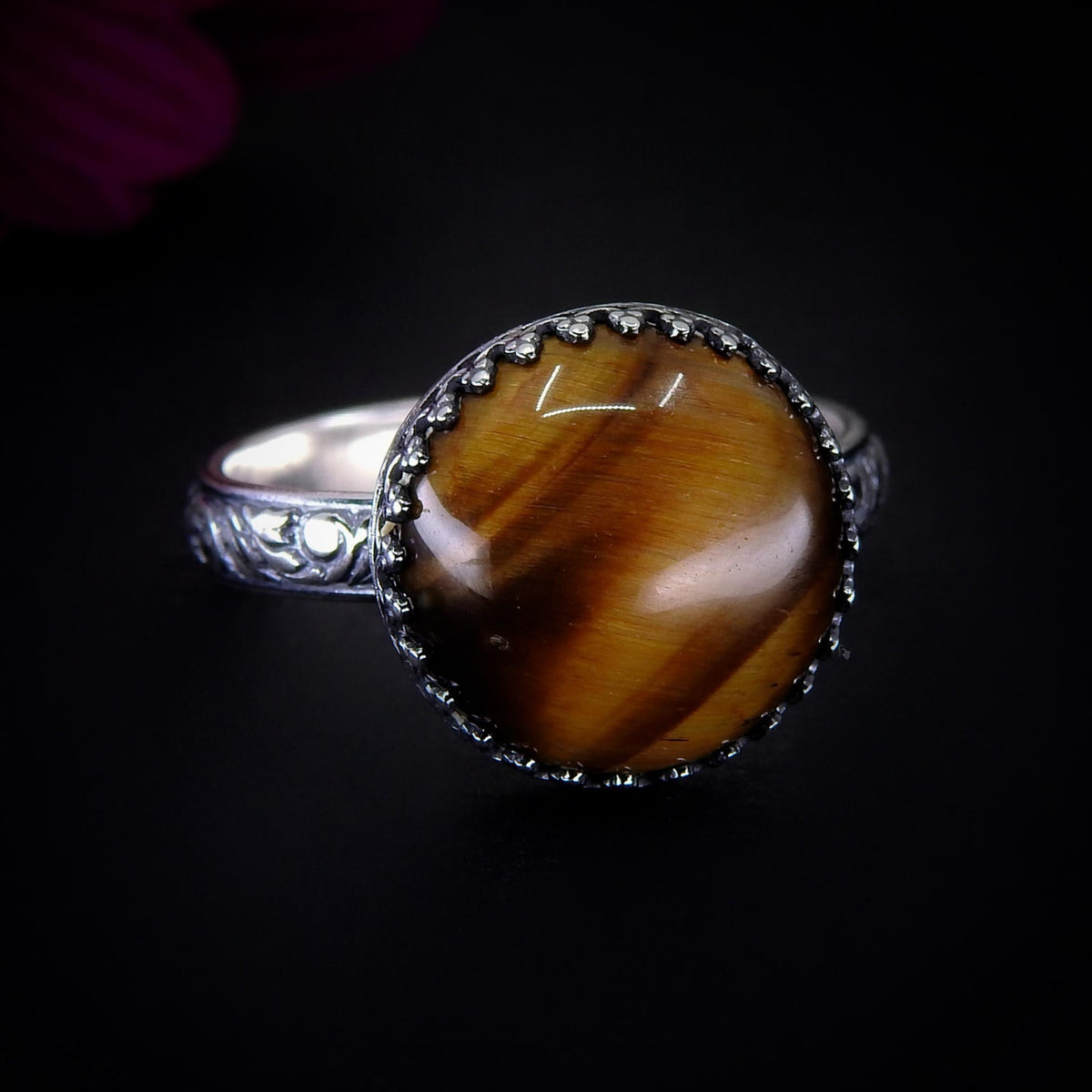 Tiger's Eye Ring - Size 10 to 10 1/4 - Sterling Silver - Round Tigers Eye Statement Ring - Brown Gemstone Jewelry - Thick Floral Ring Band