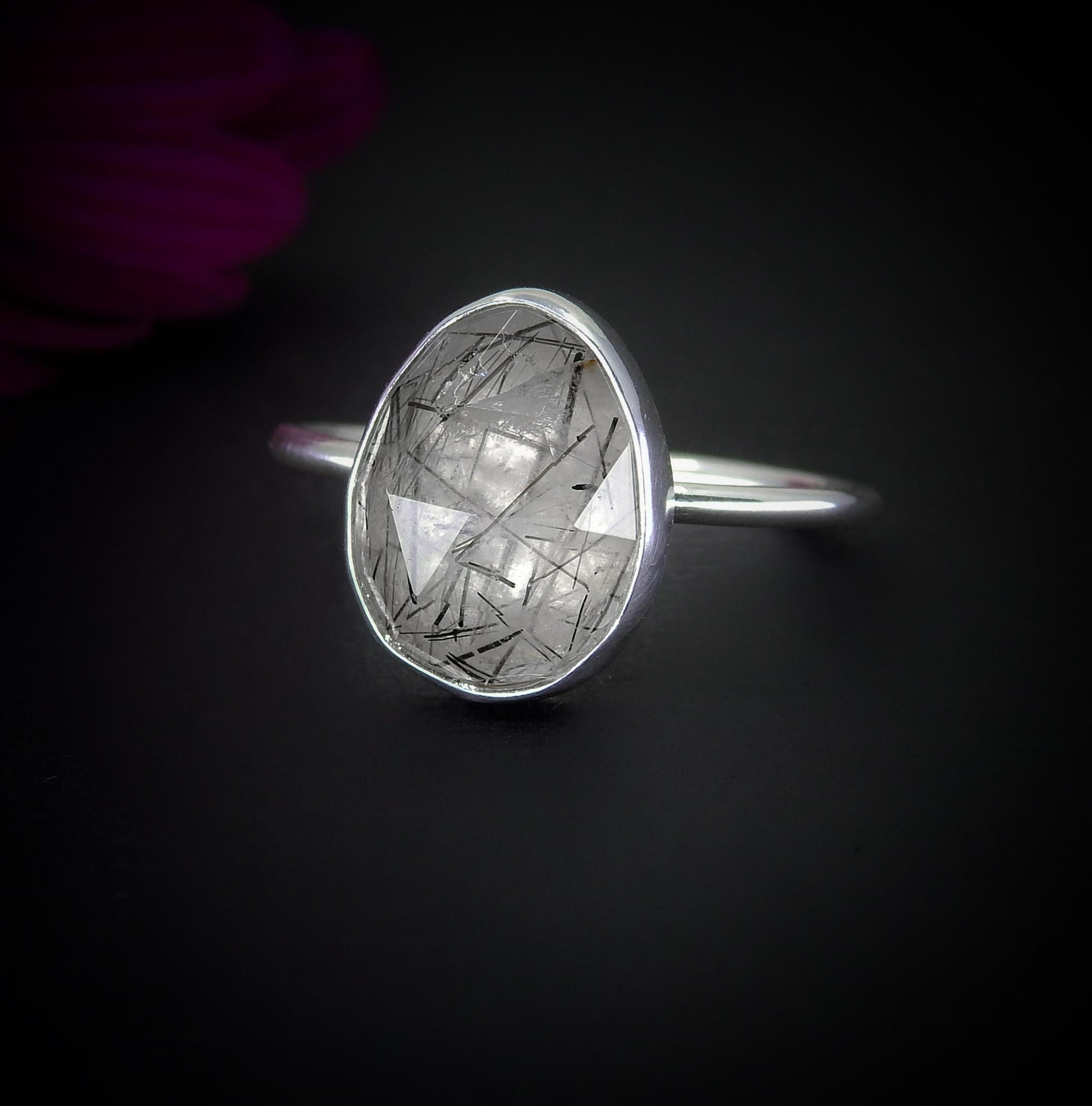 Rose Cut Rutilated Quartz Ring - Size 11 1/4 - Sterling Silver - Black Rutilated Quartz Jewelry - Faceted Rutile Quartz Ring - Needle Quartz