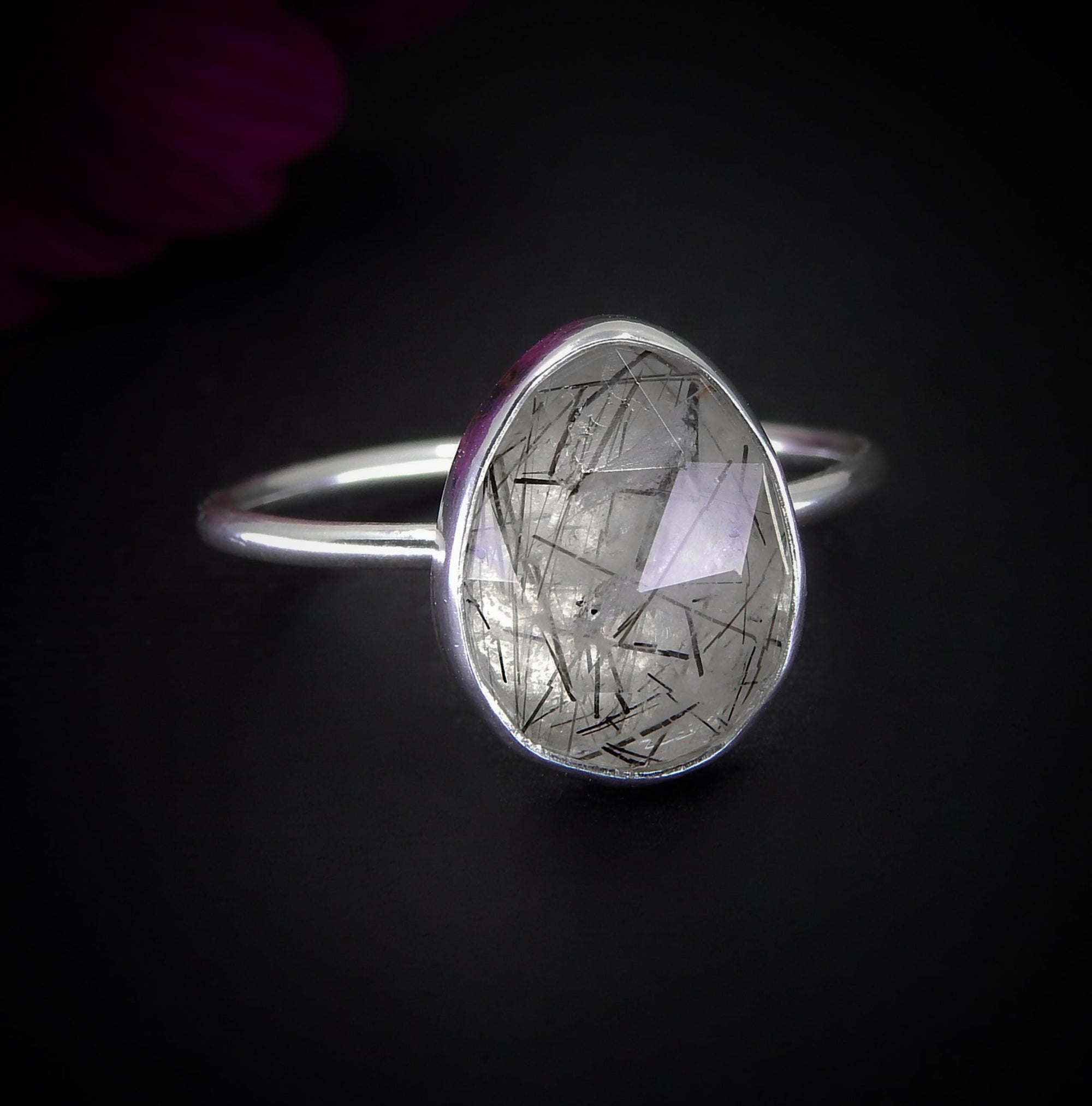 Rose Cut Rutilated Quartz Ring - Size 11 1/4 - Sterling Silver - Black Rutilated Quartz Jewelry - Faceted Rutile Quartz Ring - Needle Quartz