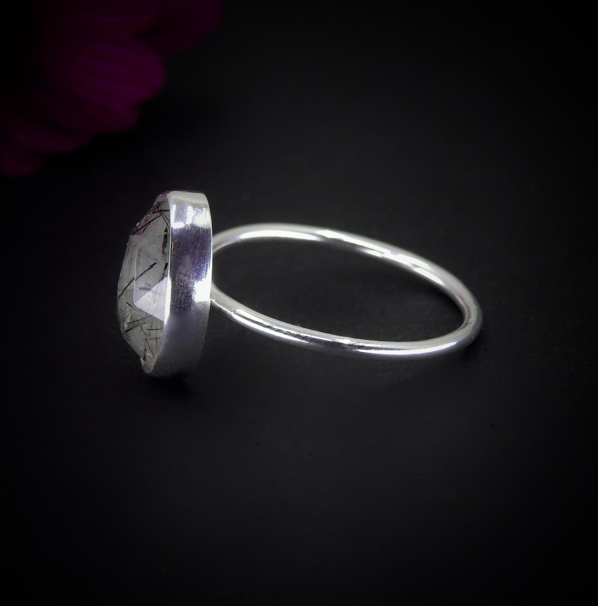 Rose Cut Rutilated Quartz Ring - Size 11 1/4 - Sterling Silver - Black Rutilated Quartz Jewelry - Faceted Rutile Quartz Ring - Needle Quartz