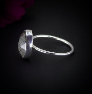 Rose Cut Rutilated Quartz Ring - Size 11 1/4 - Sterling Silver - Black Rutilated Quartz Jewelry - Faceted Rutile Quartz Ring - Needle Quartz