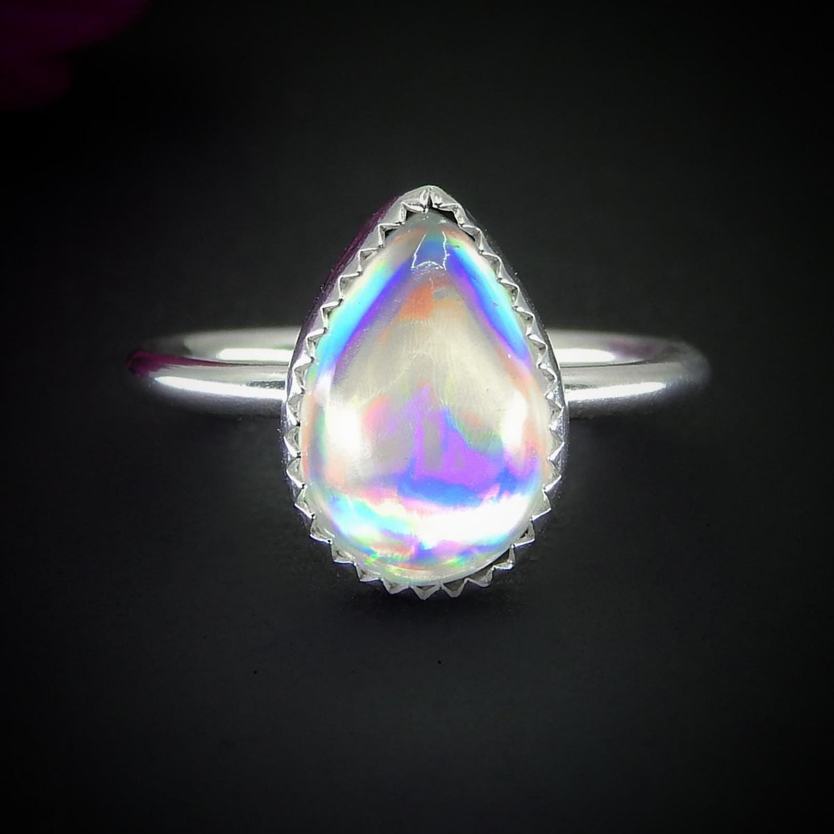 Angel Aura Quartz Ring - Size 5 1/2 - Sterling Silver - Rainbow Crystal Ring - Dainty Teardrop Aura Quartz Jewelry - Rainbow Gemstone Ring