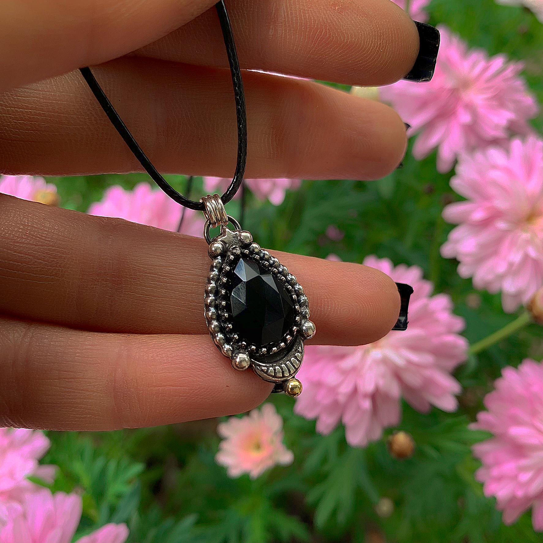 Black Onyx Pendant - Sterling Silver Crescent Moon - Celestial Jewellery