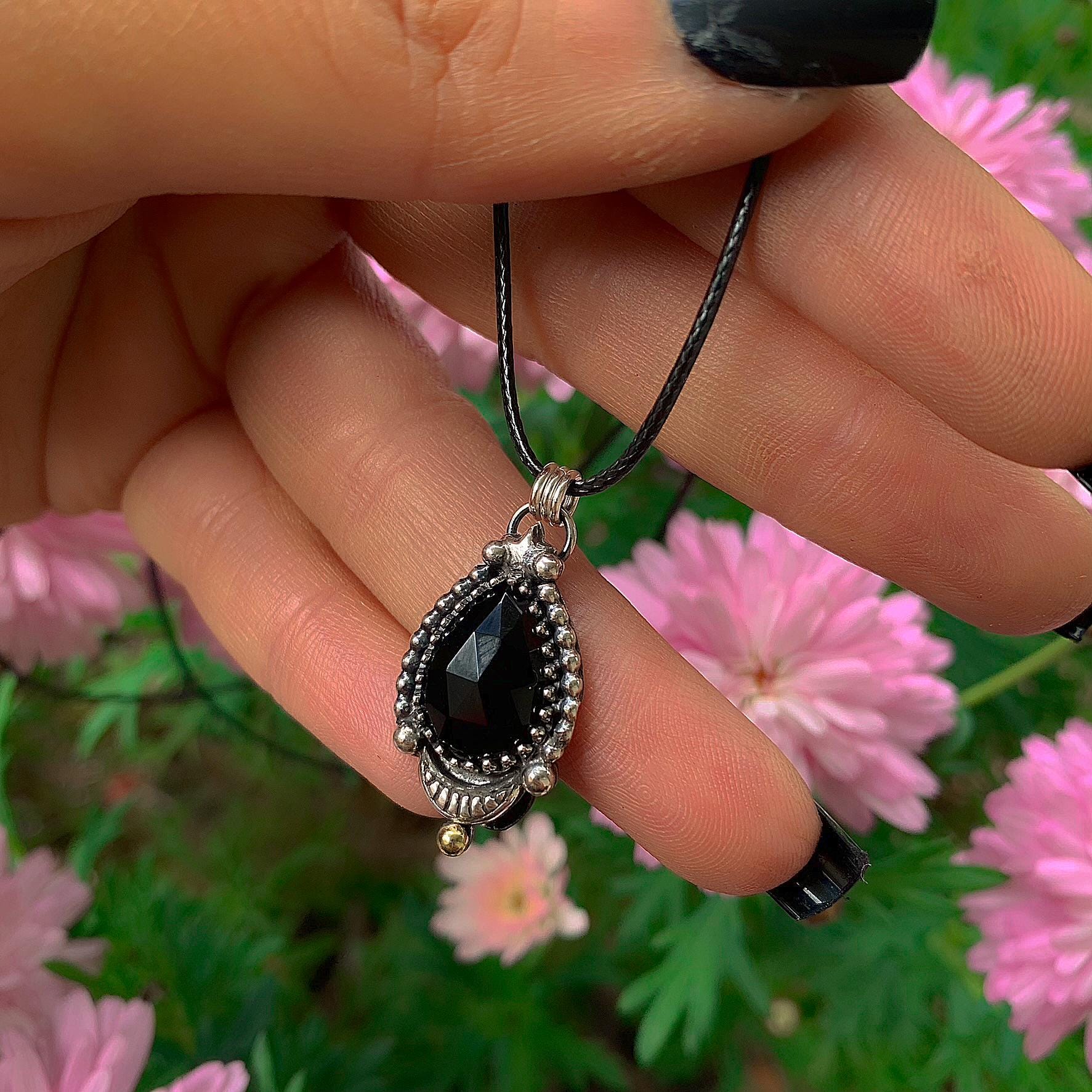 Black Onyx Pendant - Sterling Silver Crescent Moon - Celestial Jewellery