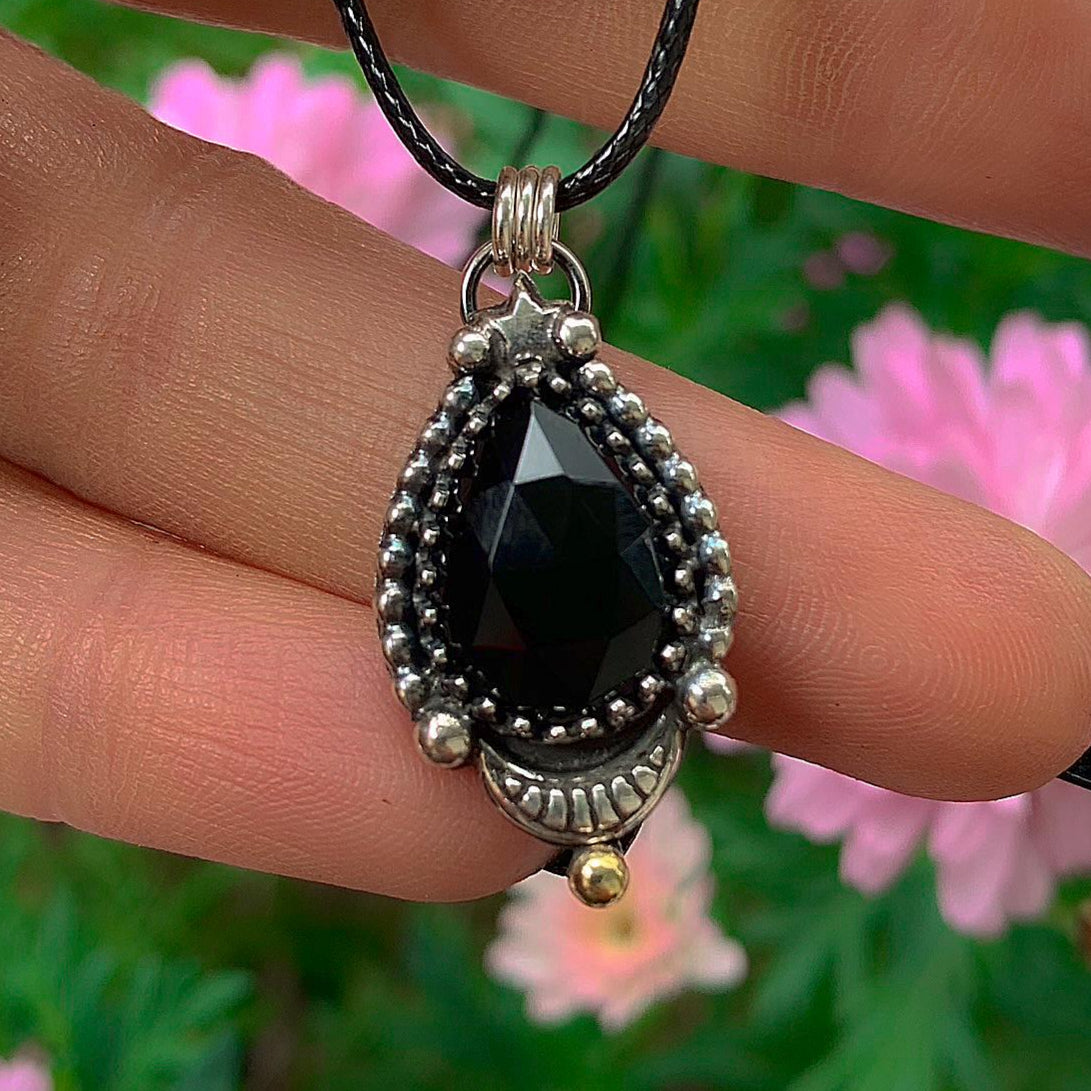 Black Onyx Pendant - Sterling Silver Crescent Moon - Celestial Jewellery