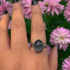 Rose Cut Black Rutilated Quartz Ring, Sterling Silver, Size 8