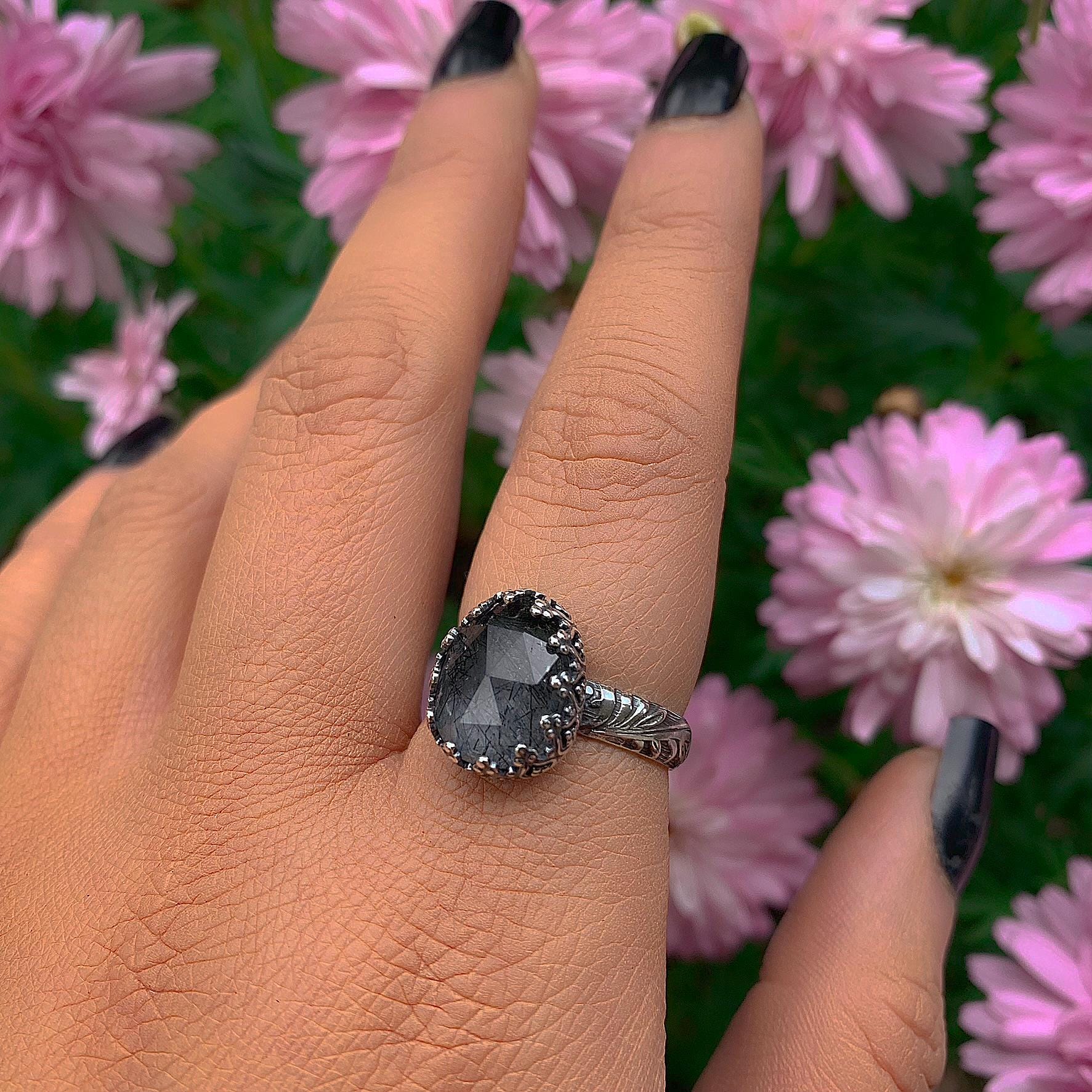 Rose Cut Black Rutilated Quartz Ring, Sterling Silver, Size 8