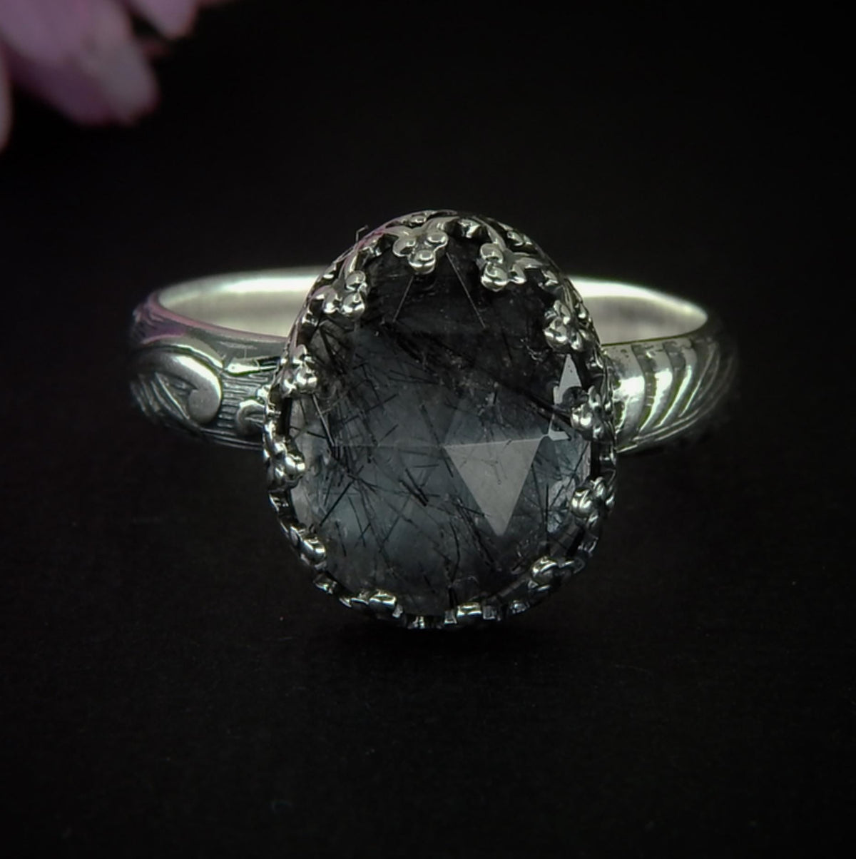 Rose Cut Black Rutilated Quartz Ring, Sterling Silver, Size 8