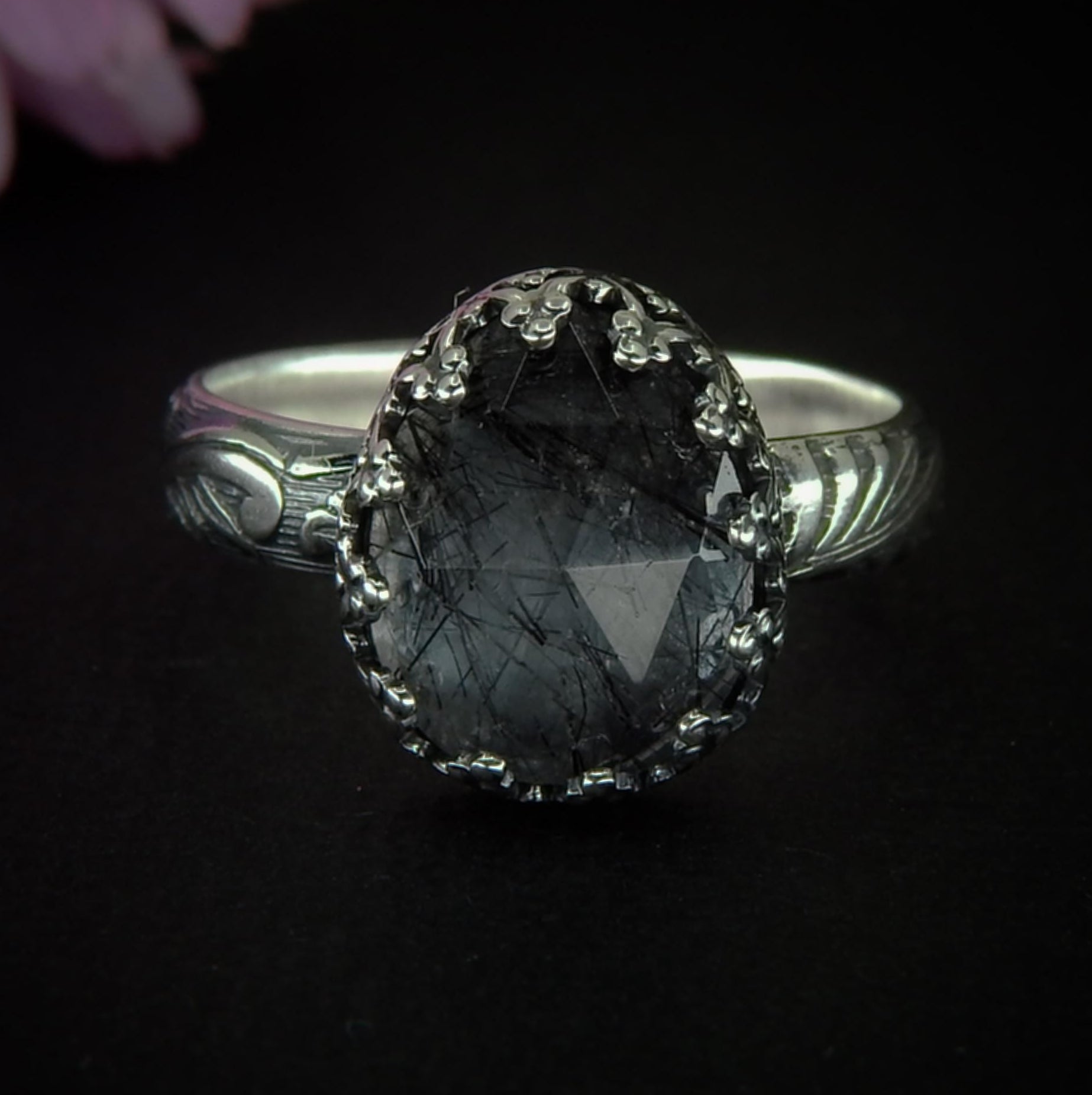 Rose Cut Black Rutilated Quartz Ring, Sterling Silver, Size 8