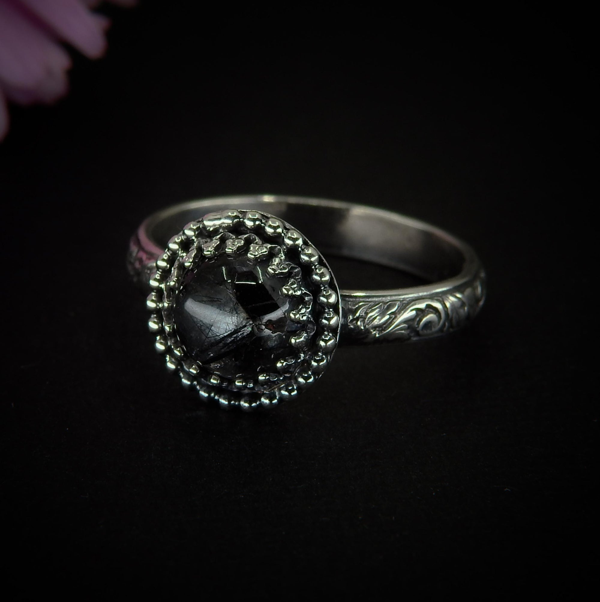 Black Rutilated Quartz Ring - Size 9 - Sterling Silver