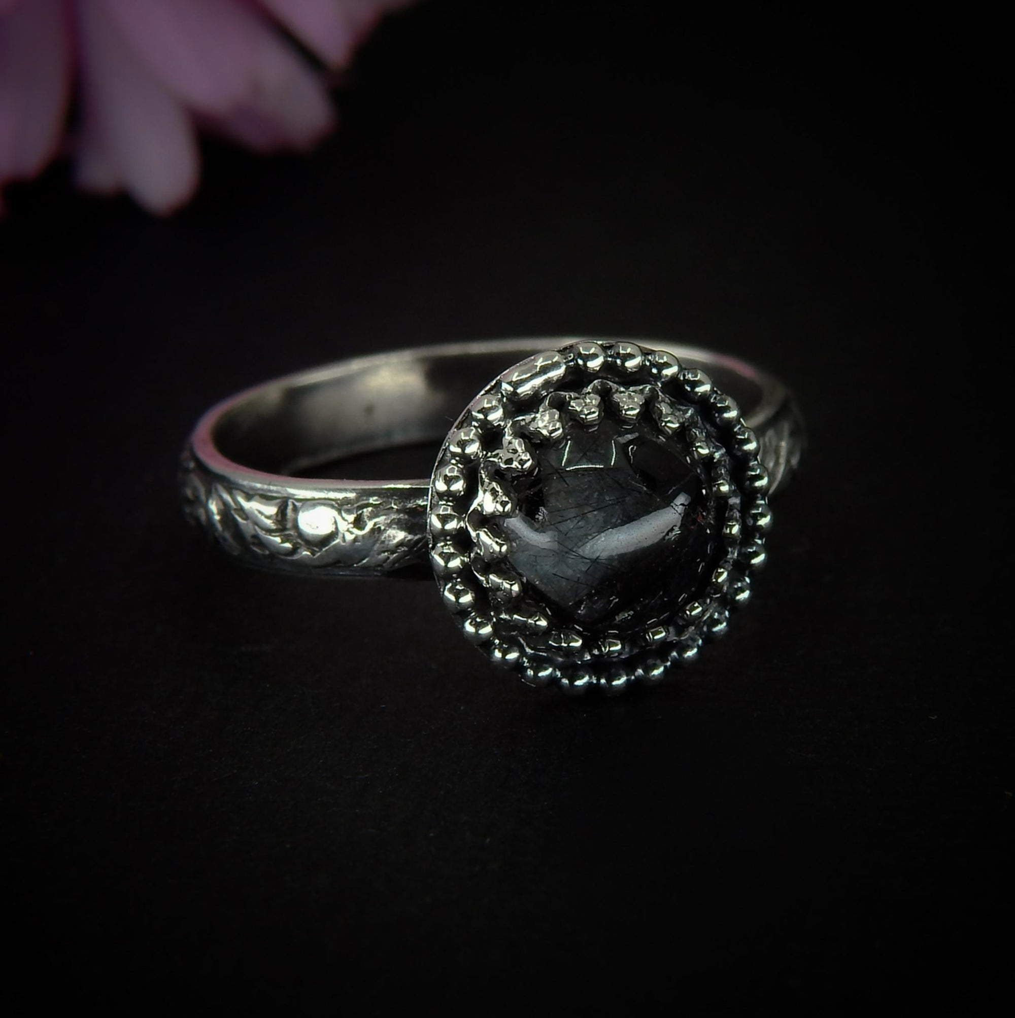 Black Rutilated Quartz Ring - Size 9 - Sterling Silver