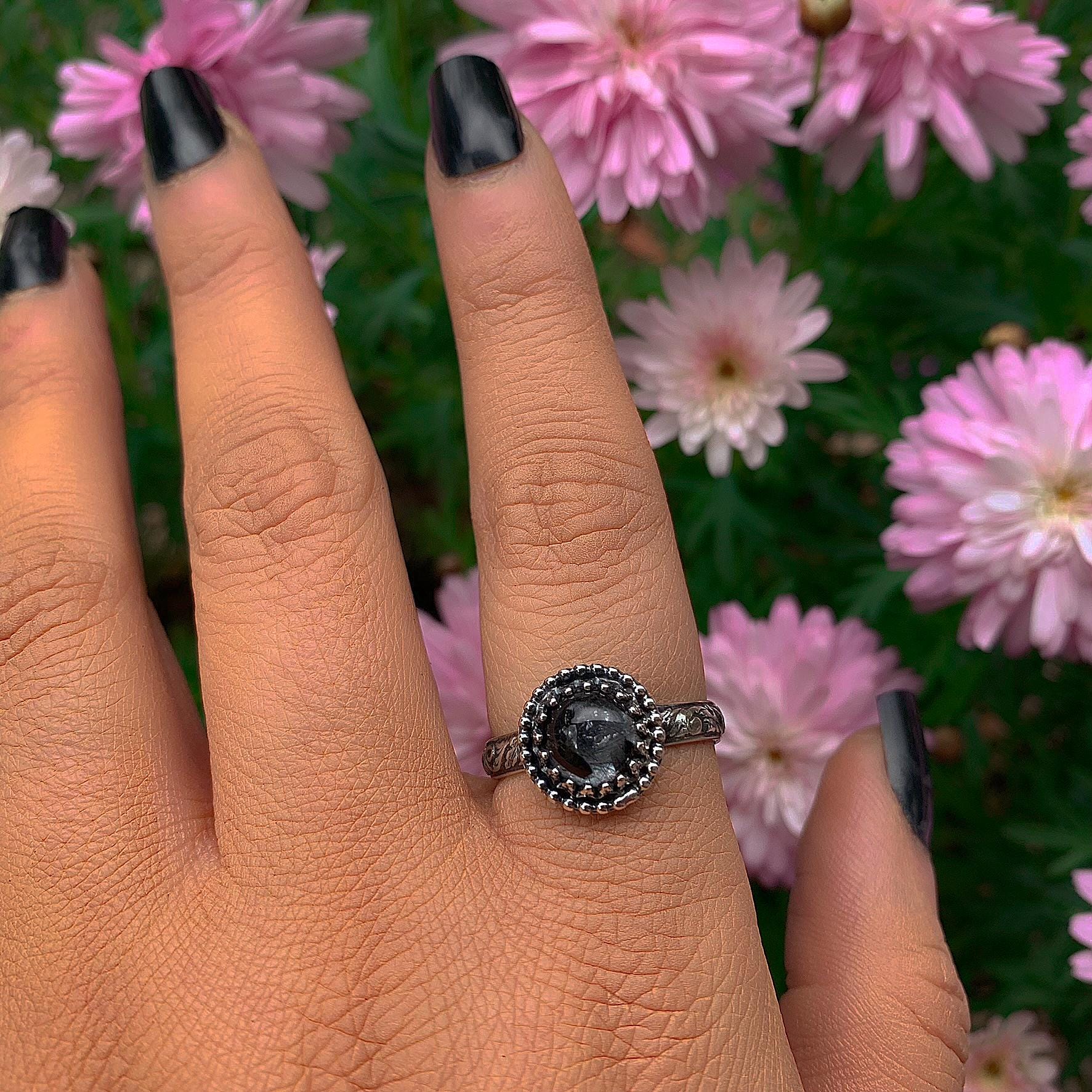 Black Rutilated Quartz Ring - Size 9 - Sterling Silver