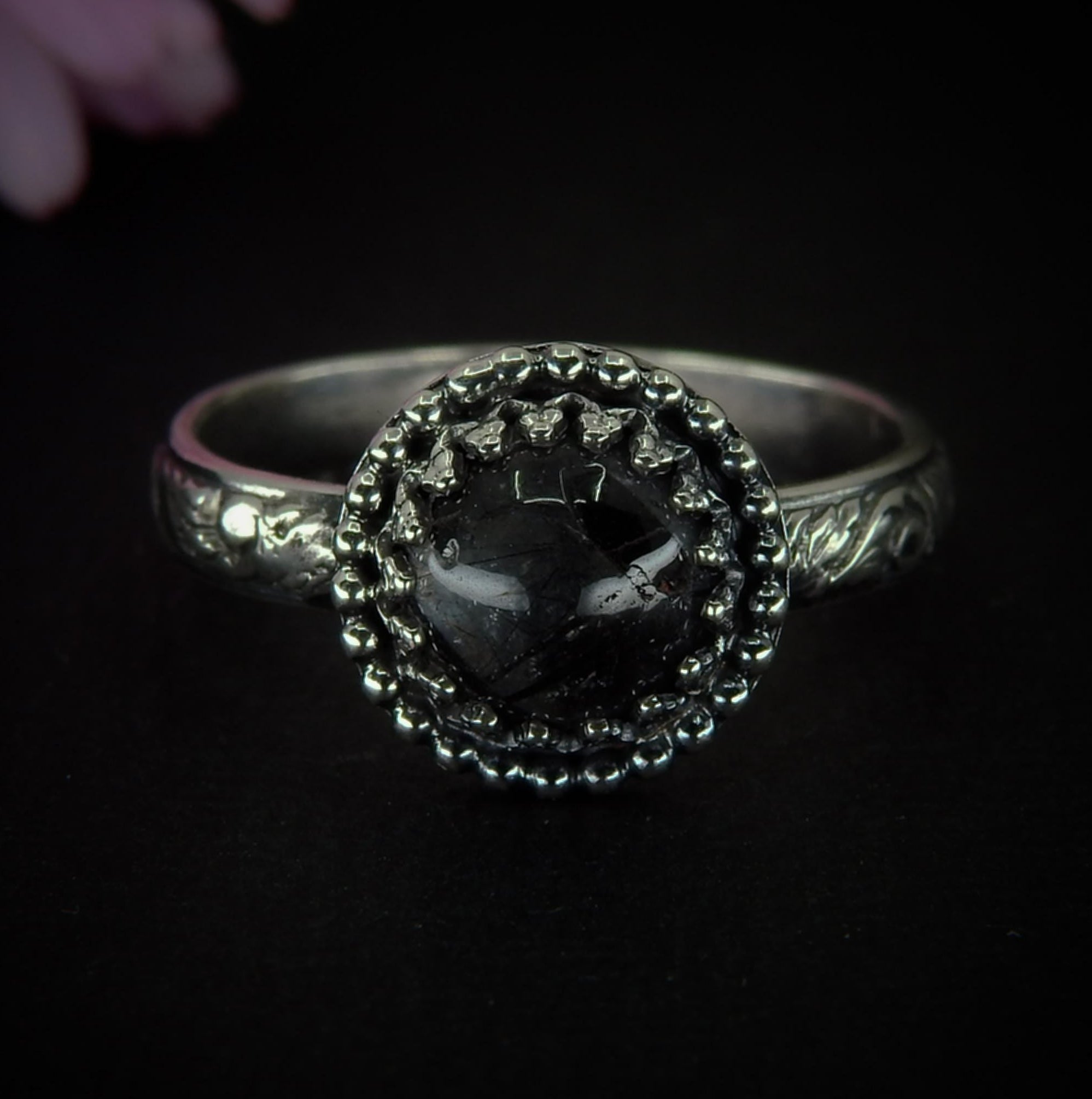 Black Rutilated Quartz Ring - Size 9 - Sterling Silver