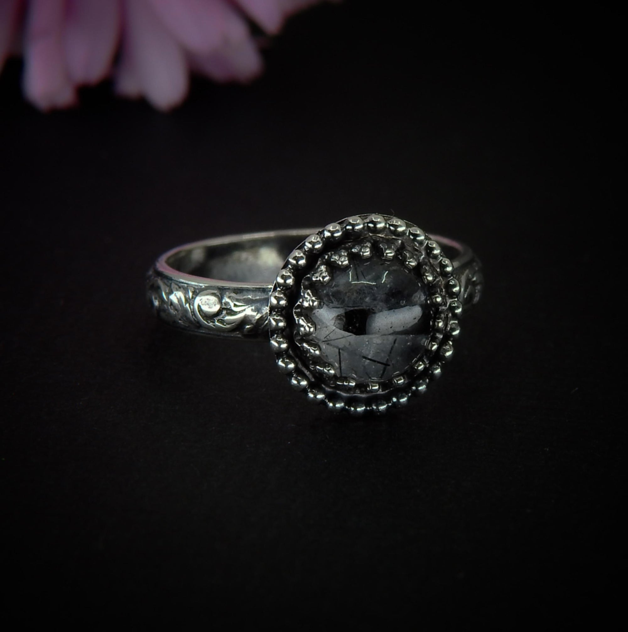 Black Rutilated Quartz Ring - Size 7 1/4 - Sterling Silver