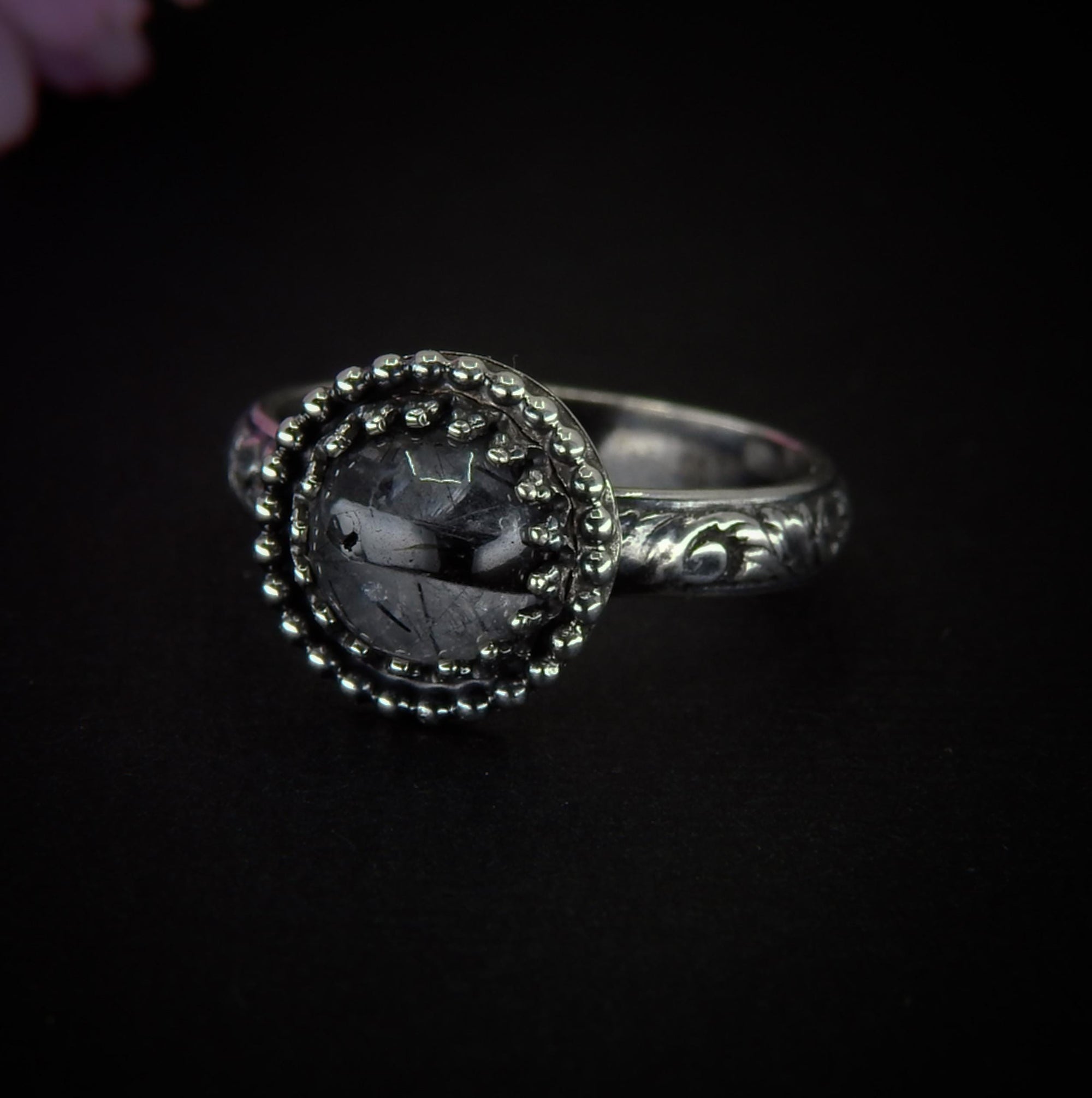 Black Rutilated Quartz Ring - Size 7 1/4 - Sterling Silver