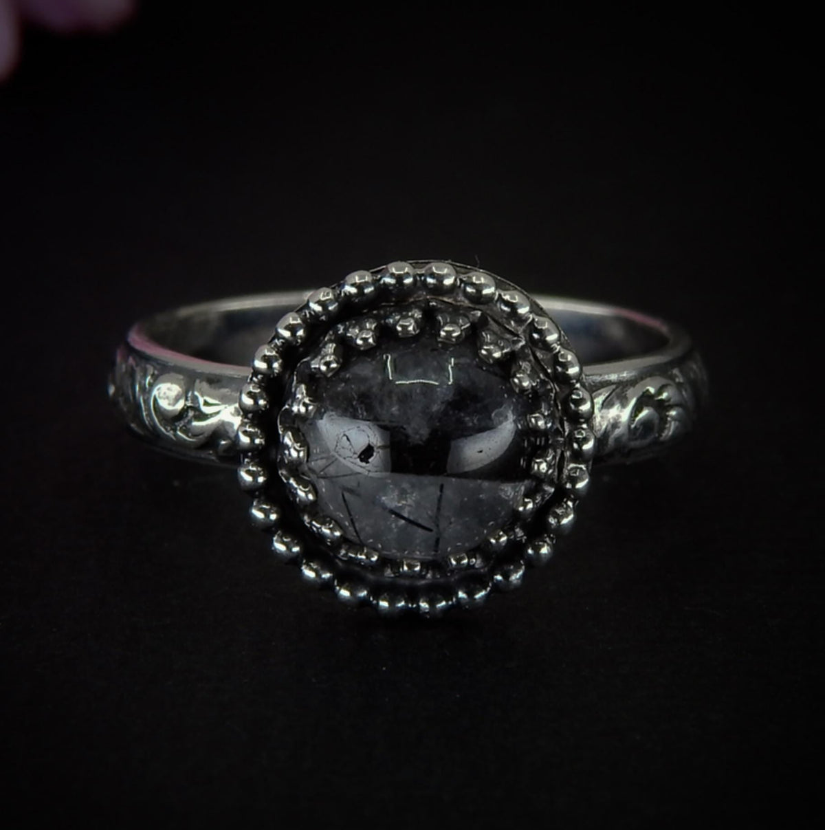 Black Rutilated Quartz Ring - Size 7 1/4 - Sterling Silver