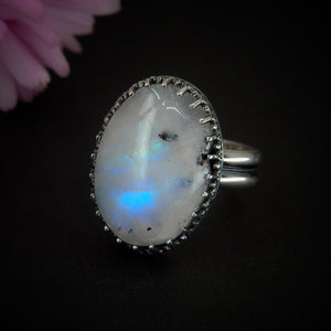 Moonstone & Black Tourmaline Ring - Size 9 1/2 - Sterling Silver