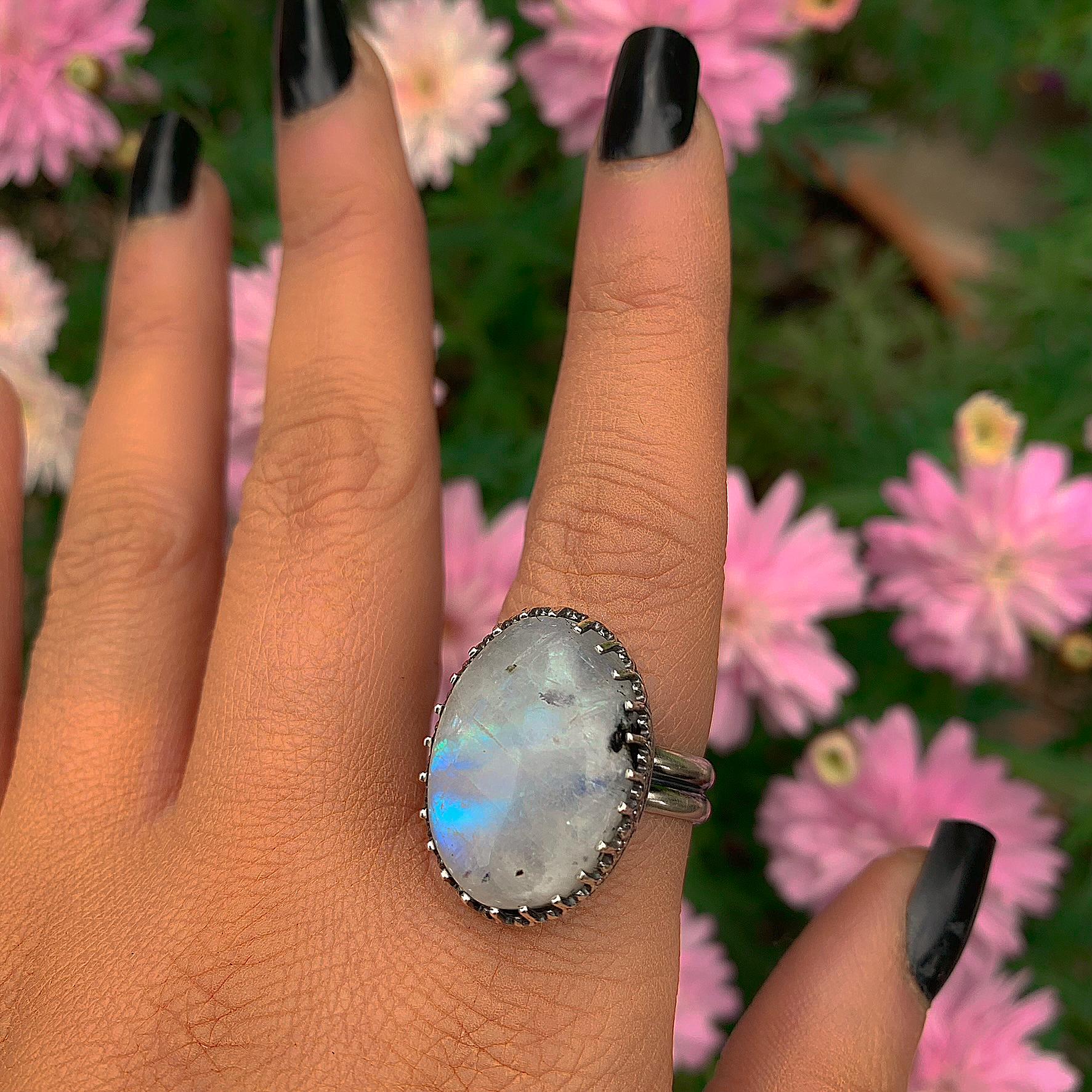 Moonstone & Black Tourmaline Ring - Size 9 1/2 - Sterling Silver