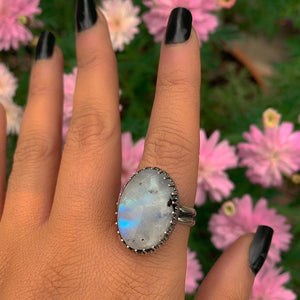 Moonstone & Black Tourmaline Ring - Size 9 1/2 - Sterling Silver