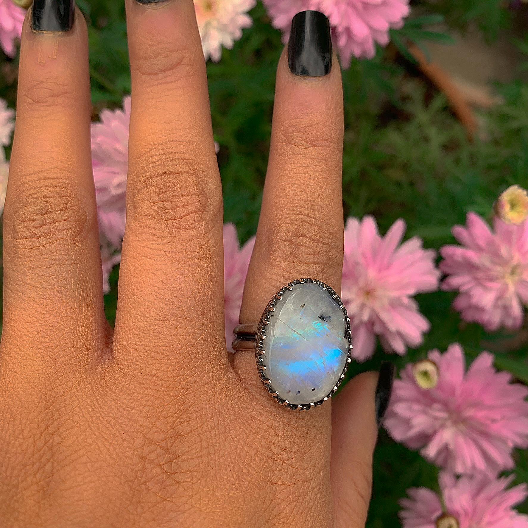 Moonstone & Black Tourmaline Ring - Size 9 1/2 - Sterling Silver