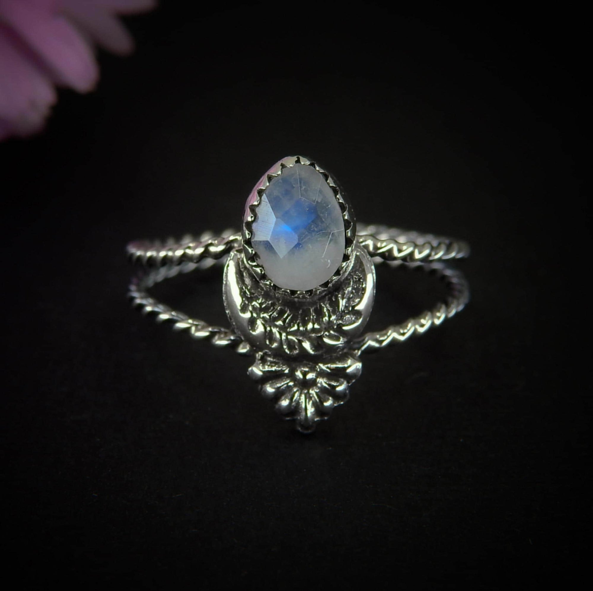 Rose Cut Moonstone Ring - Size 8 - Sterling Silver