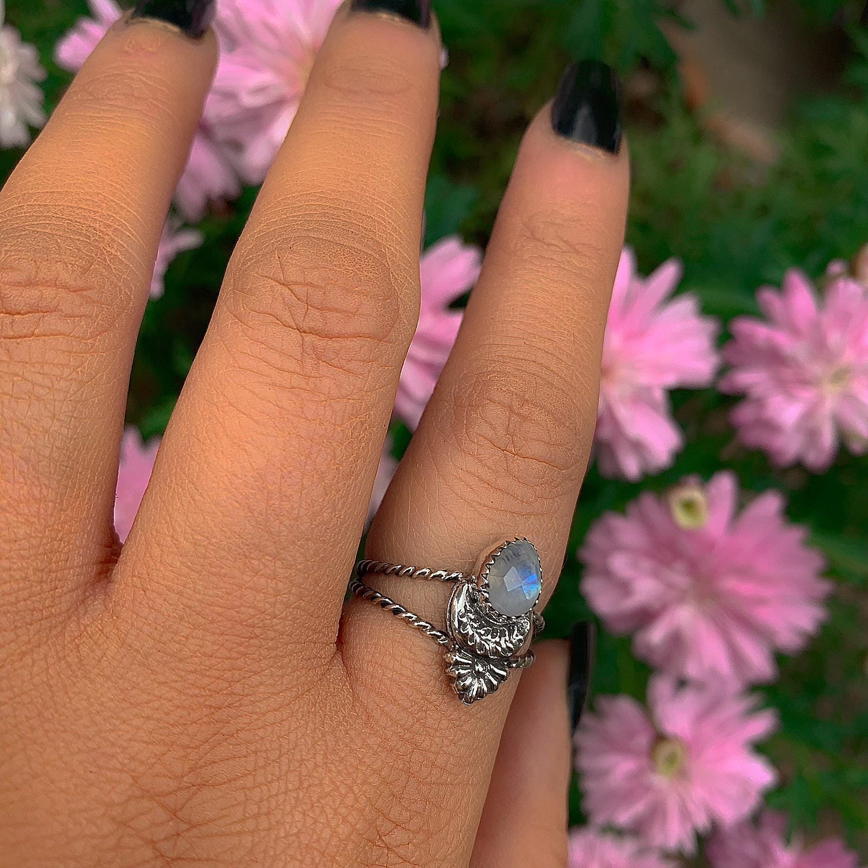 Rose Cut Moonstone Ring - Size 8 - Sterling Silver