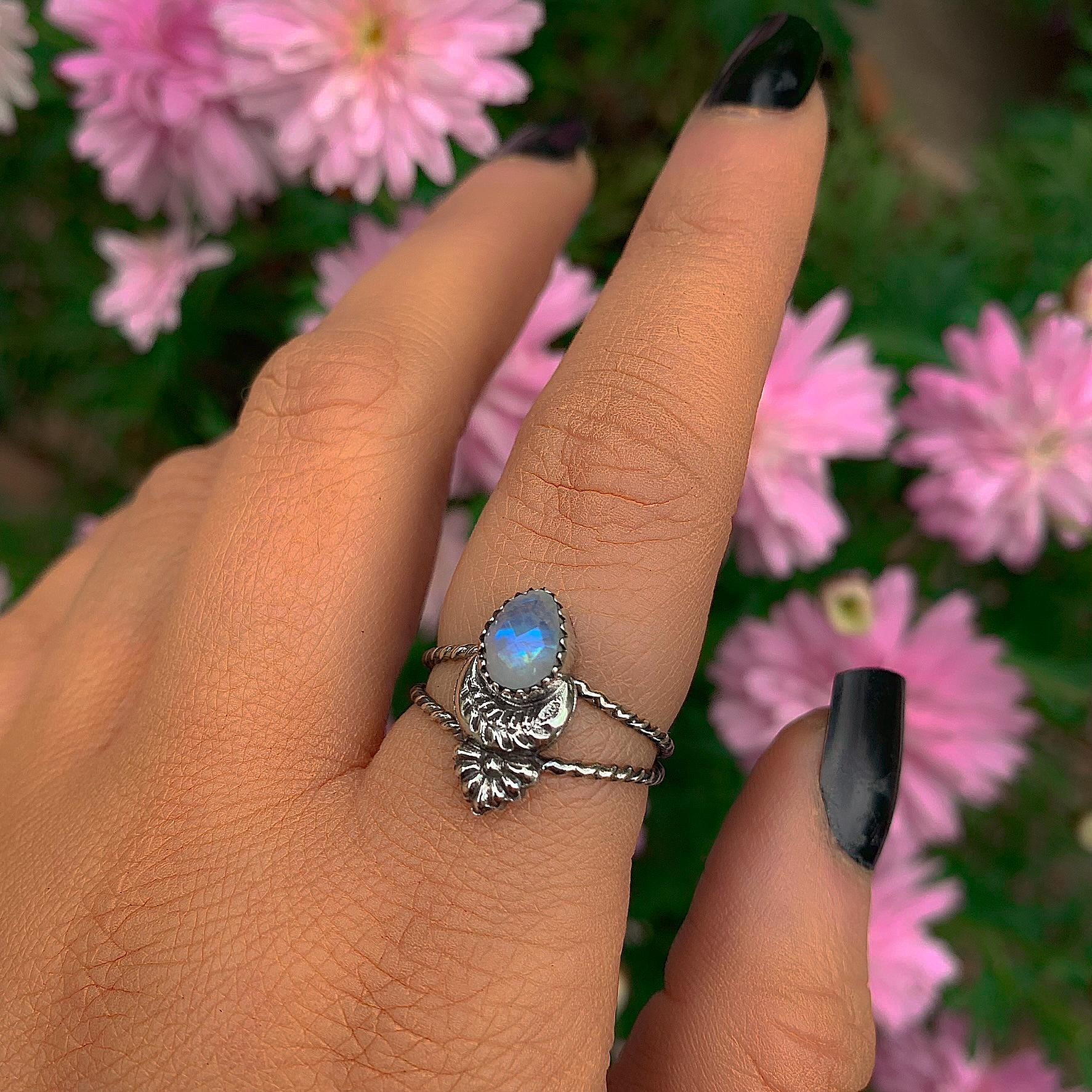 Rose Cut Moonstone Ring - Size 8 - Sterling Silver