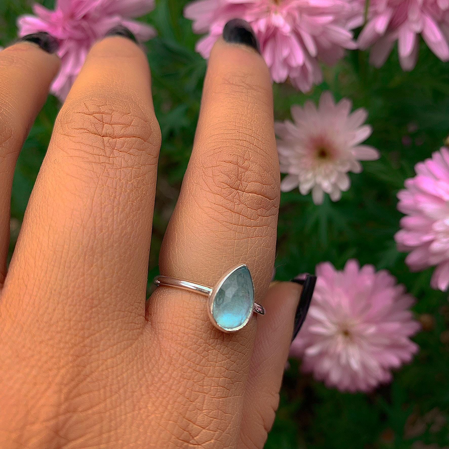 Rose Cut Aquamarine Ring - Size 7 to 7 1/4 - Sterling Silver