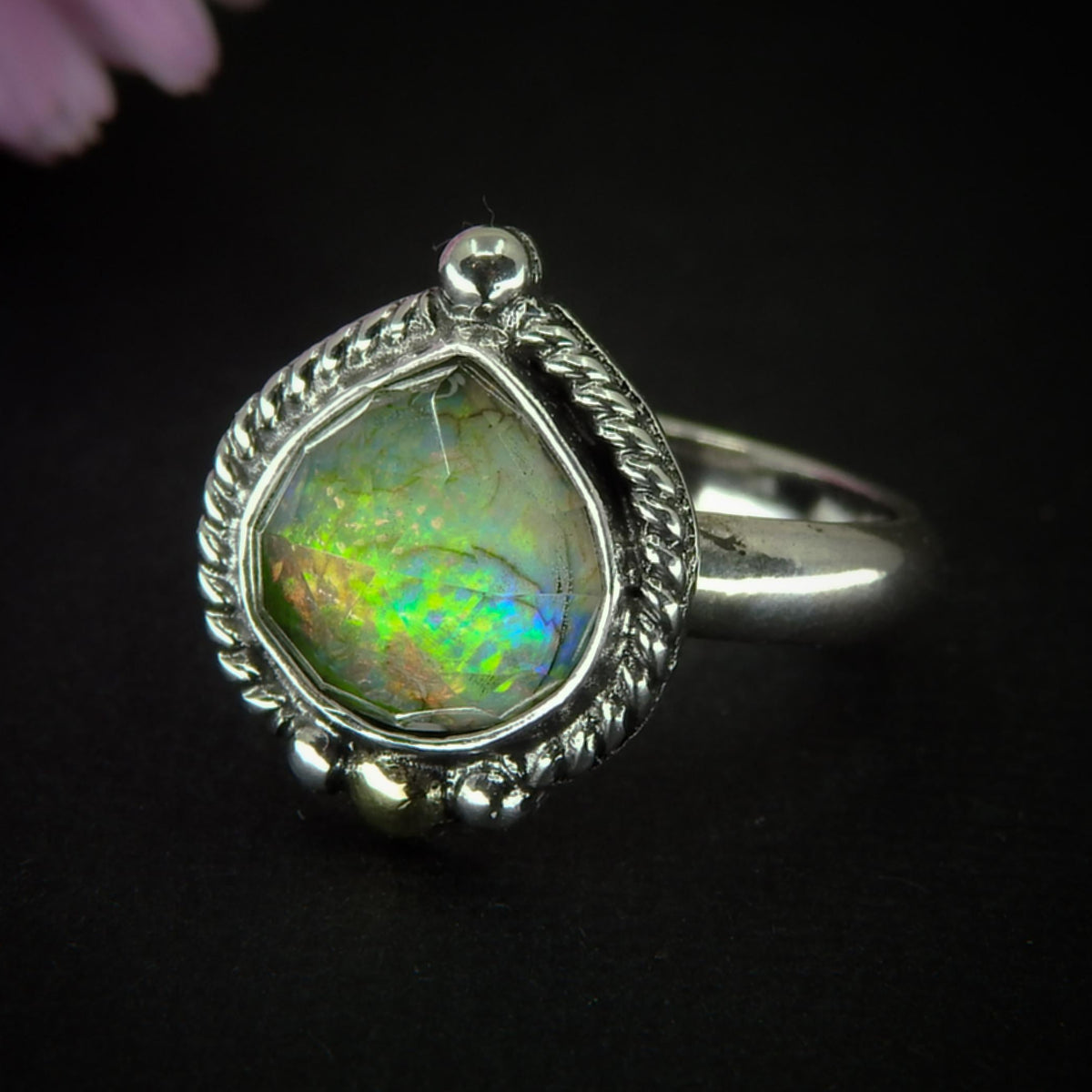 Rose Cut Clear Quartz & Monarch Opal Ring - Size 6 to 6 1/4 - Sterling Silver