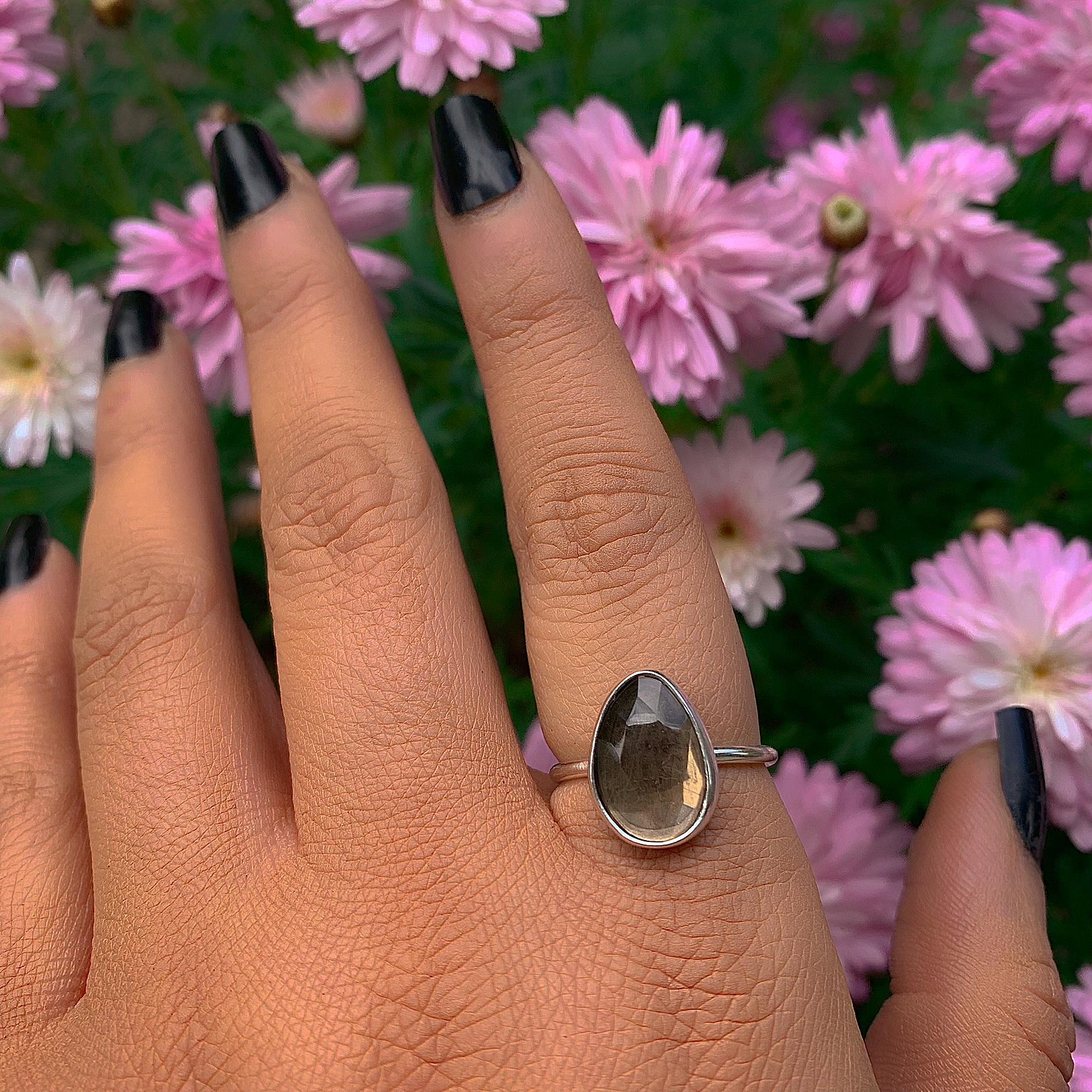 Rose Cut Smoky Quartz Ring - Size 7 1/2 - Sterling Silver