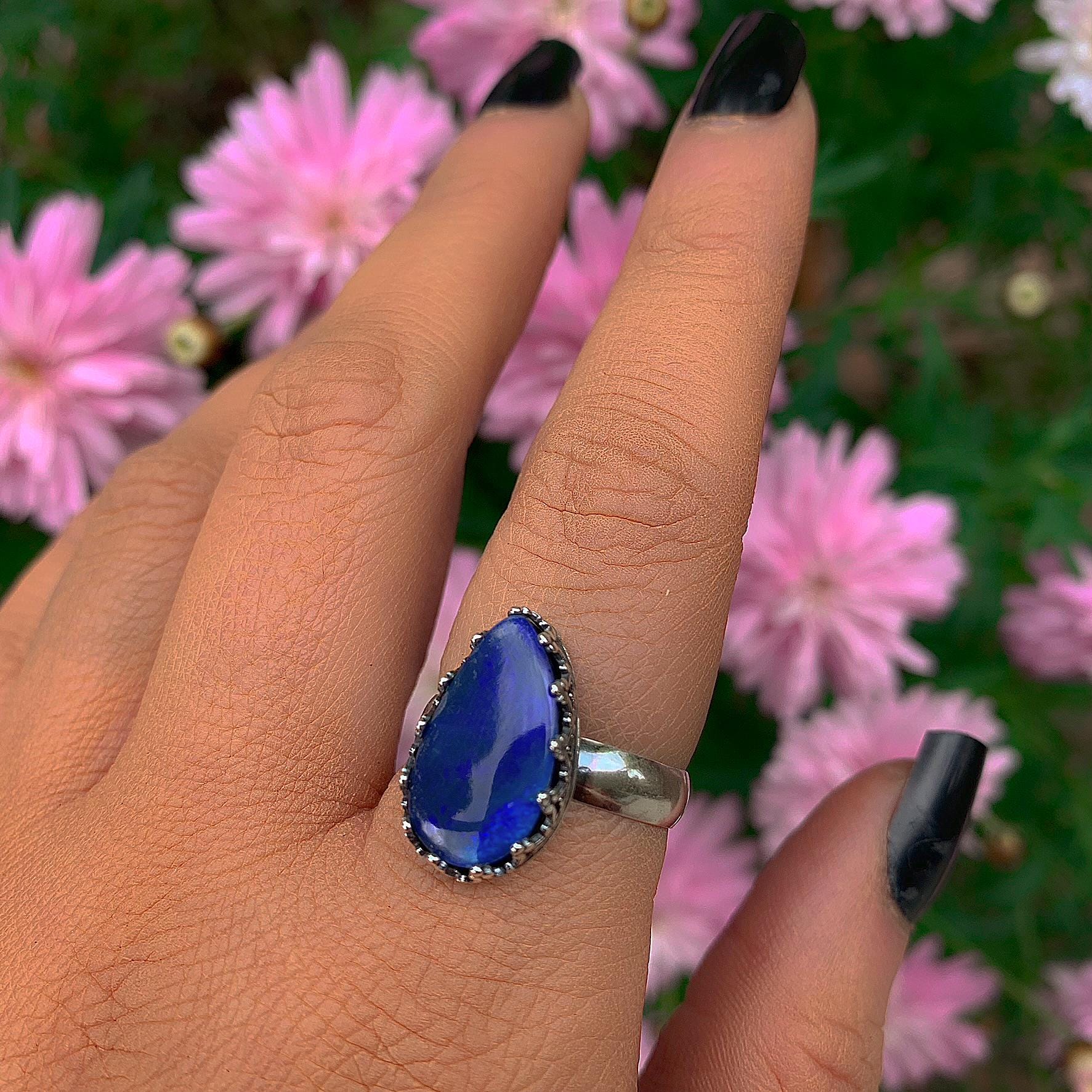 Blue Australian Opal Ring - Size 8 1/4 to 8 1/2 - Sterling Silver