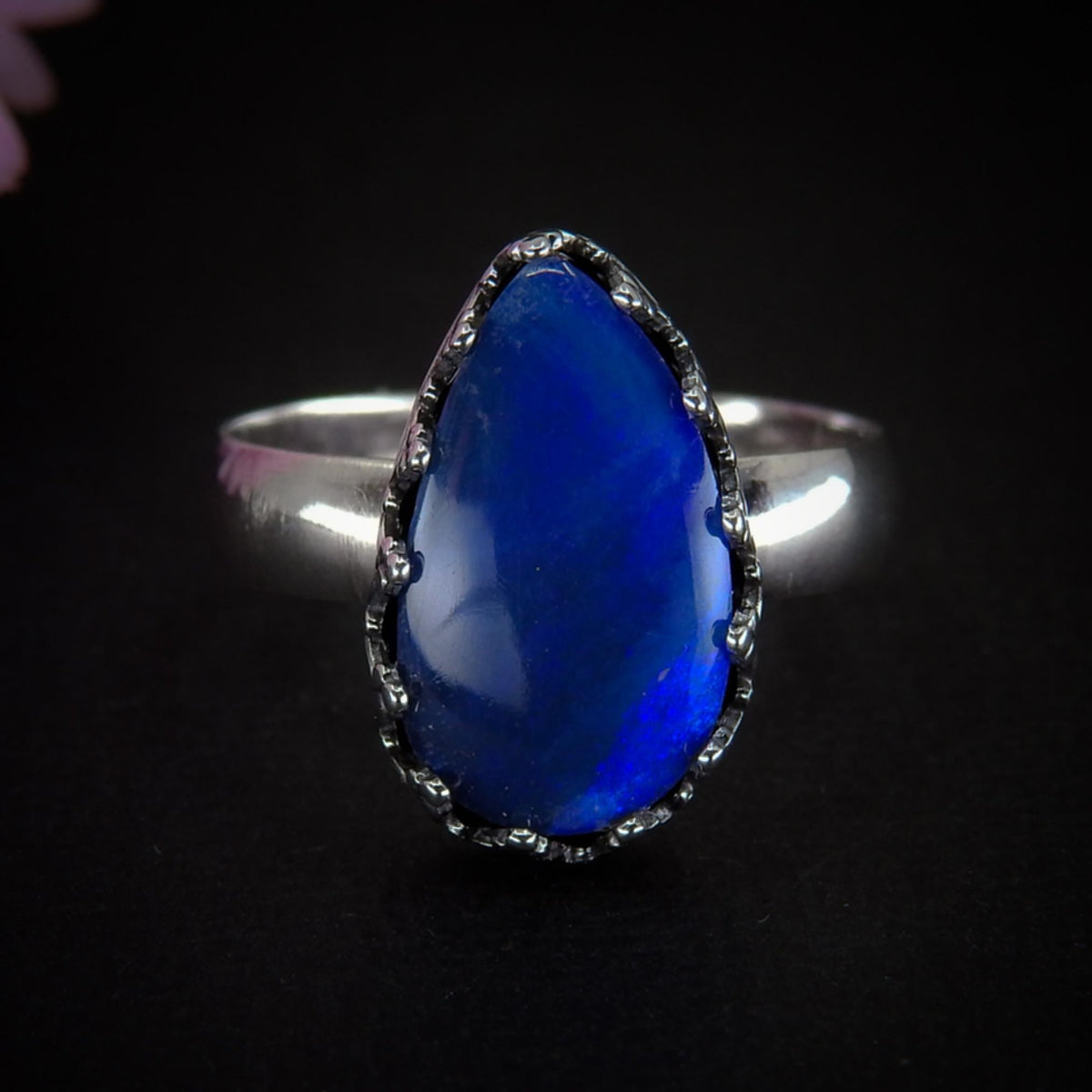 Blue Australian Opal Ring - Size 8 1/4 to 8 1/2 - Sterling Silver