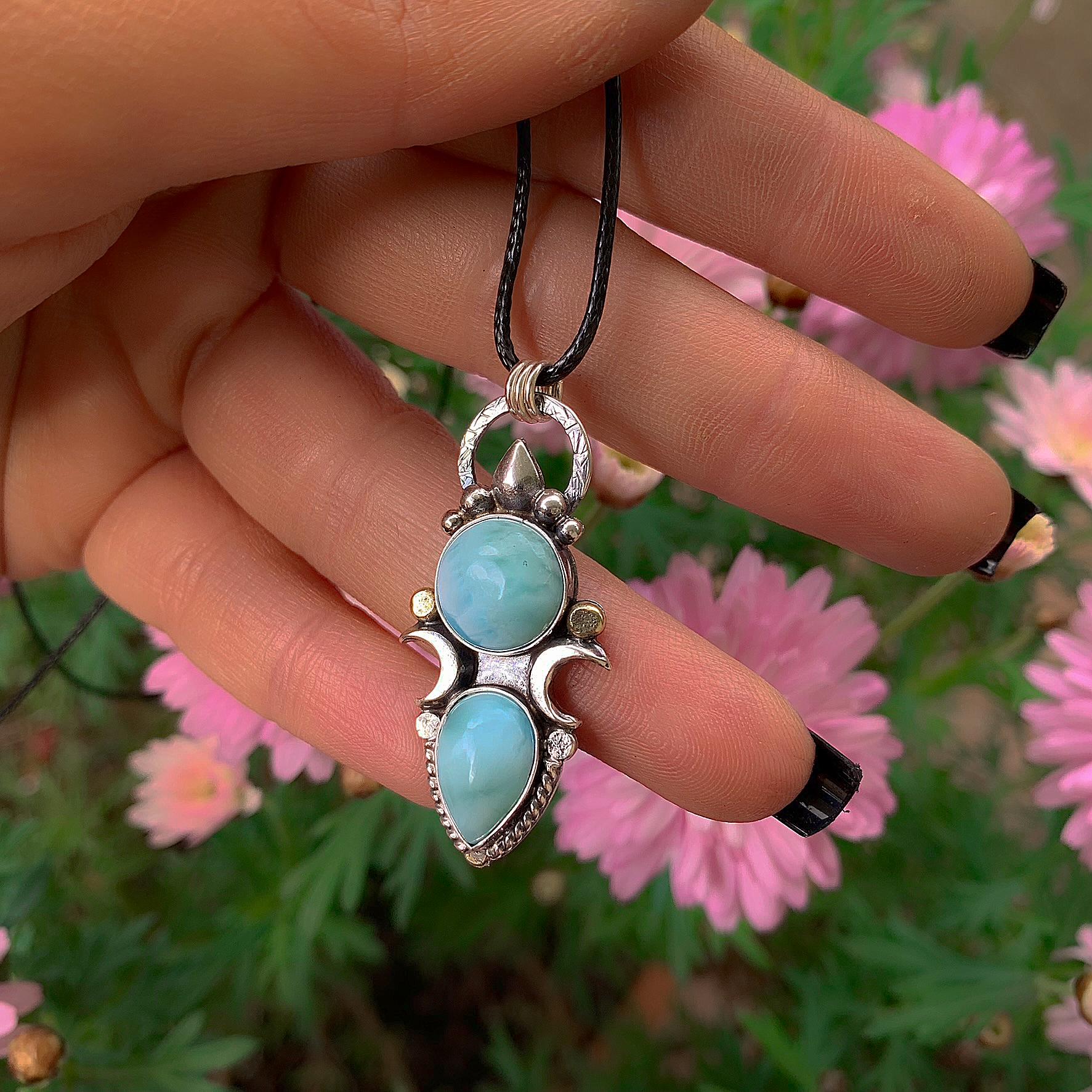 Double Larimar Moon Pendant - Sterling Silver