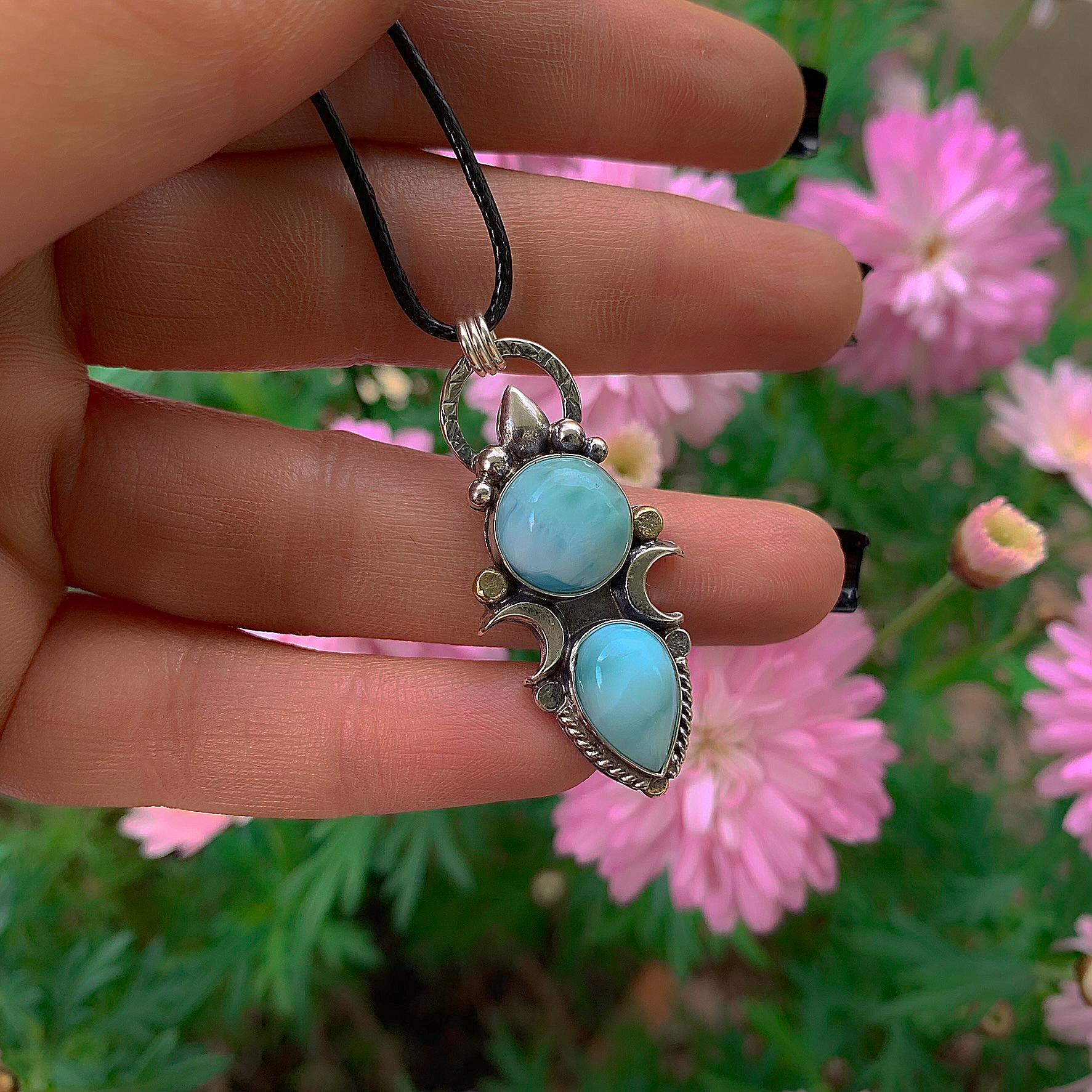Double Larimar Moon Pendant - Sterling Silver