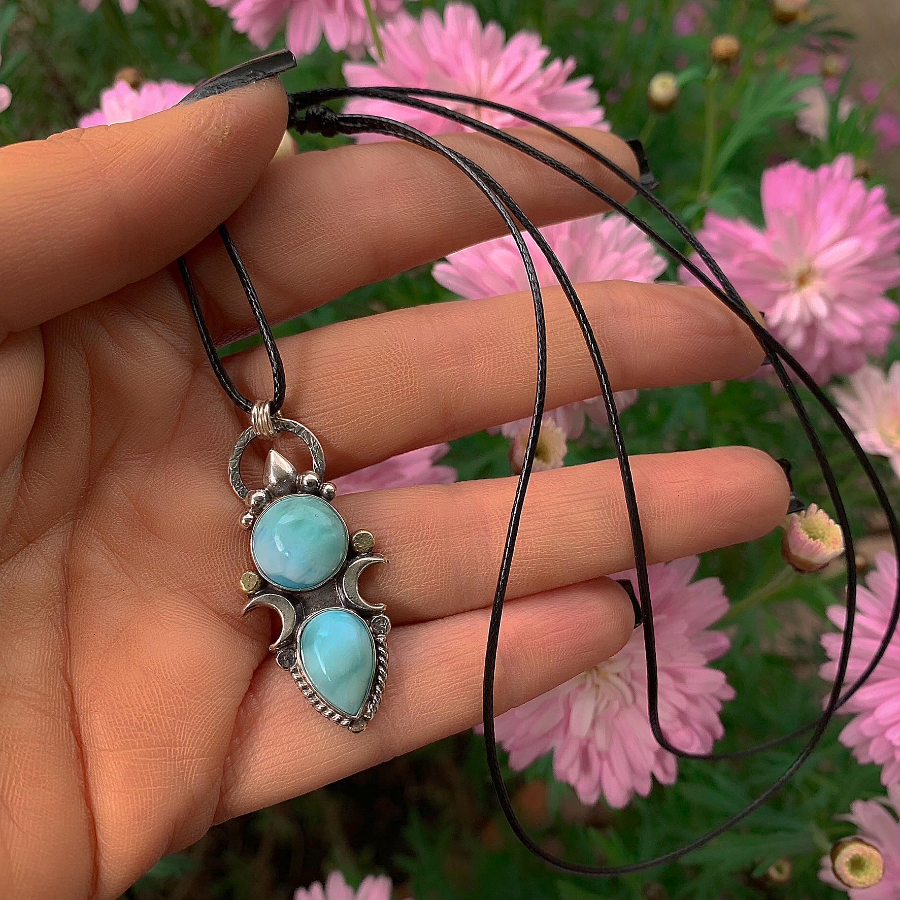 Double Larimar Moon Pendant - Sterling Silver