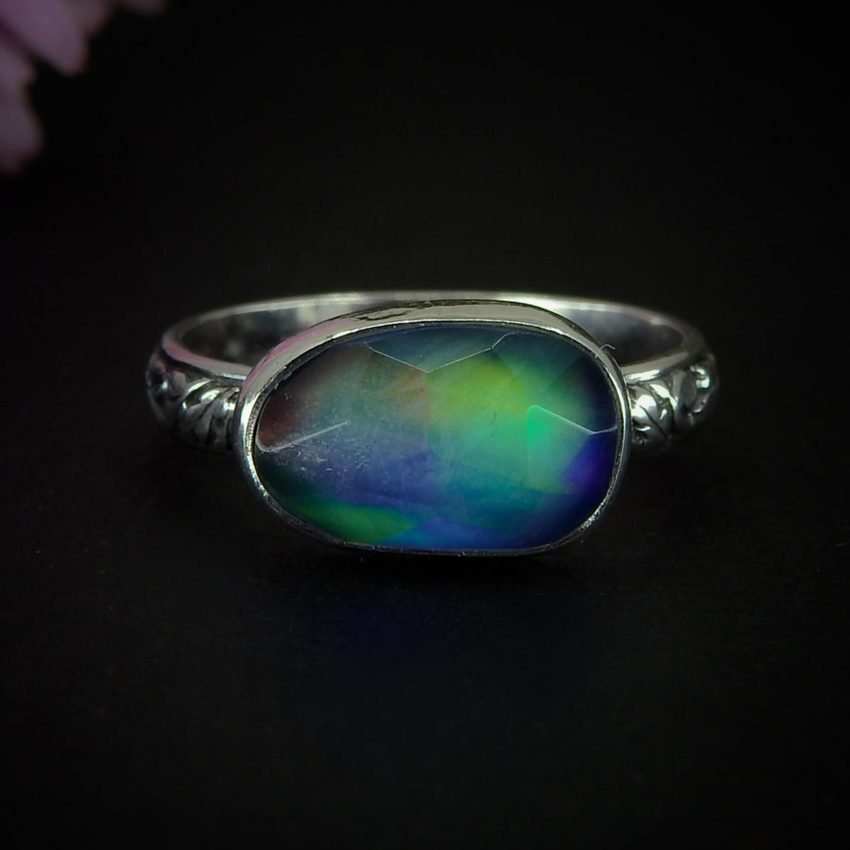 Rose Cut Clear Quartz & Aurora Opal Ring - Size 7 to 7 1/4 - Sterling Silver