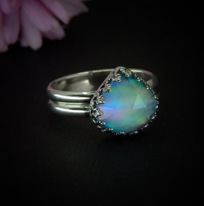 Rose Cut Clear Quartz & Aurora Opal Ring - Size 10 - Sterling Silver