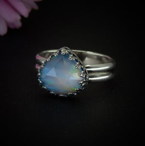 Rose Cut Clear Quartz & Aurora Opal Ring - Size 10 - Sterling Silver