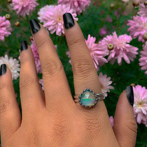 Rose Cut Clear Quartz & Aurora Opal Ring - Size 10 - Sterling Silver