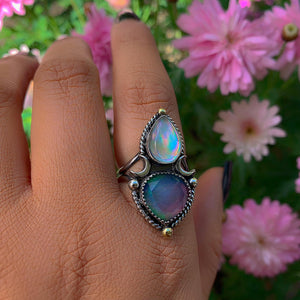 Rose Cut Clear Quartz with Aurora Opal & Angel Aura Quartz Ring - Size 8 1/4 - Sterling Silver