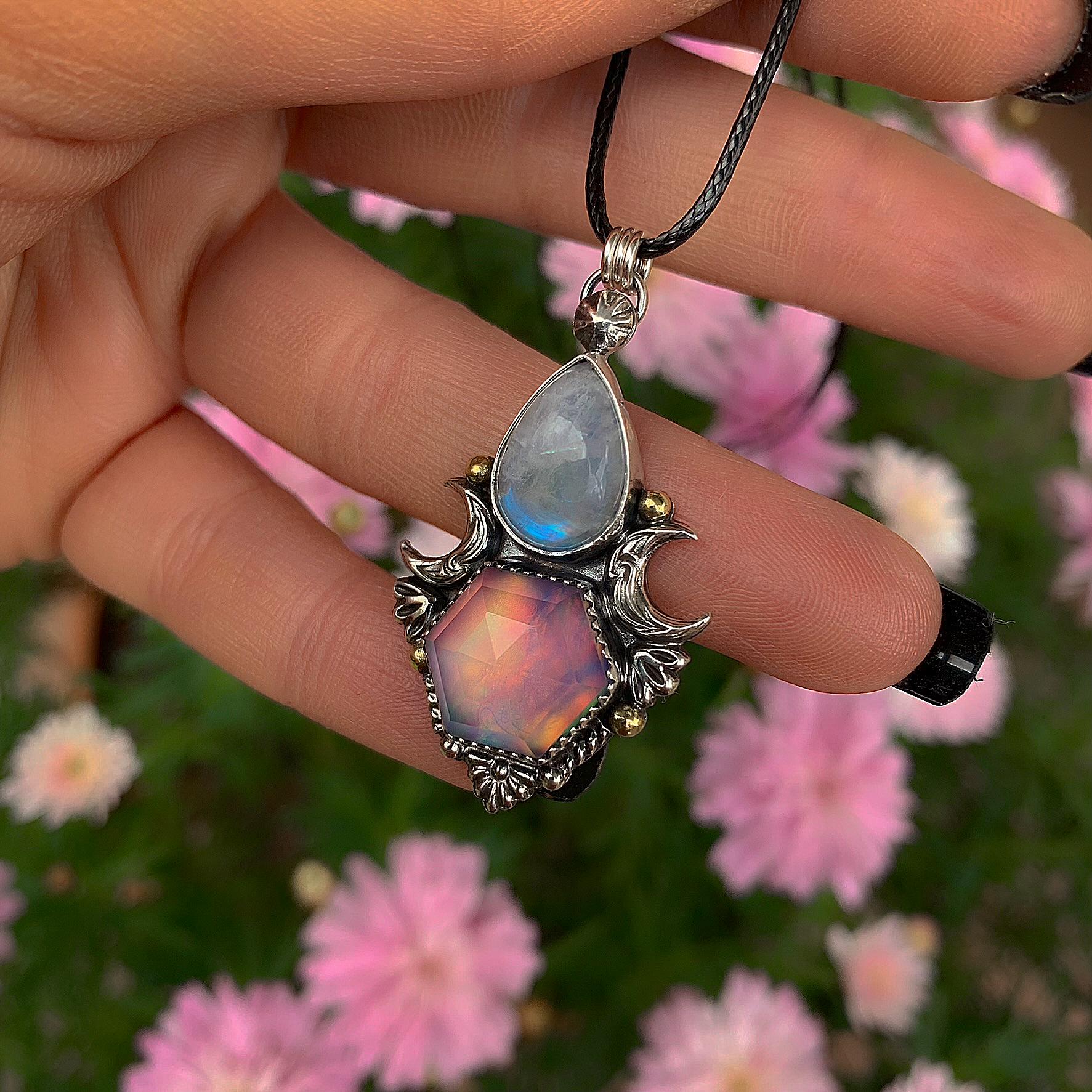 Moonstone & Rose Cut Clear Quartz with Aurora Opal Pendant - Sterling Silver