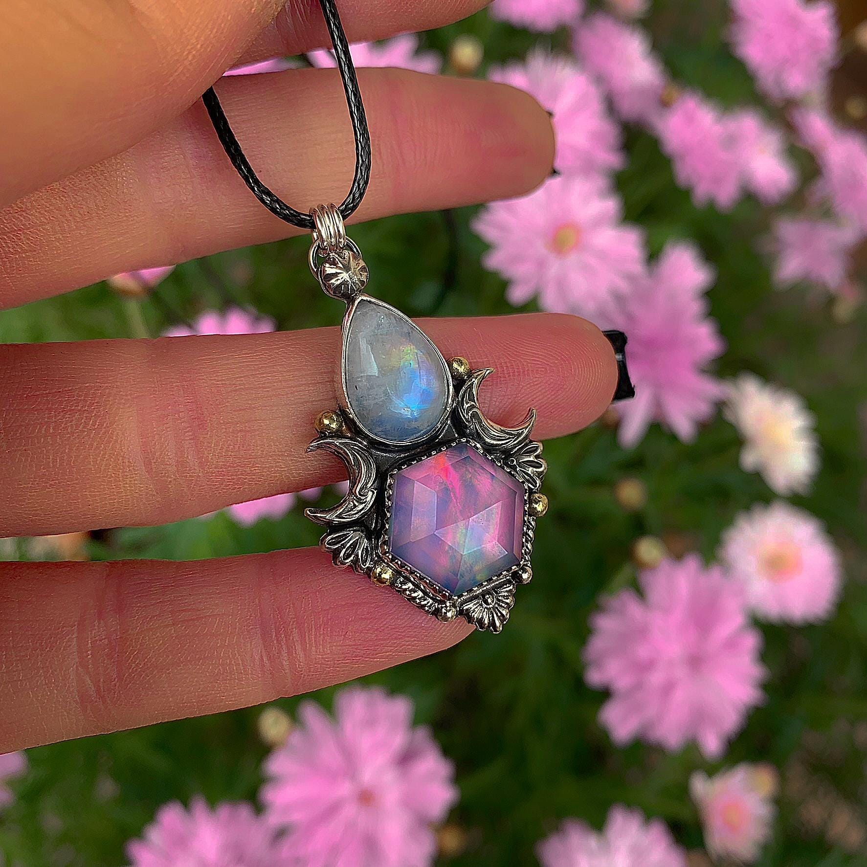 Moonstone & Rose Cut Clear Quartz with Aurora Opal Pendant - Sterling Silver